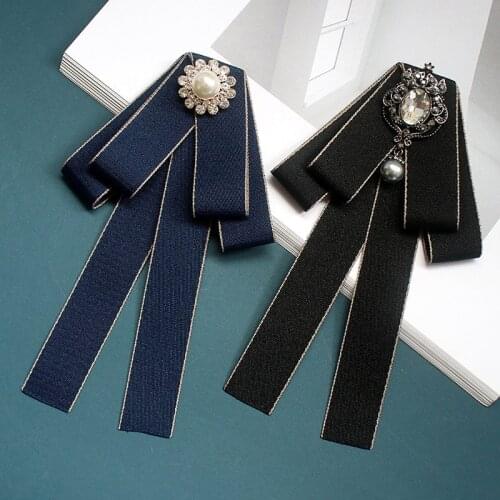 Female Black Ribbon Bow Tie for Women Pearl Crystal Pendant Brooches Pin Shirt Professional Suit Bowtie Clothing Decoration