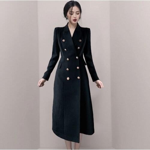 2021 New Autumn Long Sleeve Double Pearl Buttons Office Work Dress Ladies Sheer Elegant Dress Winter Black Blazer Dresses for