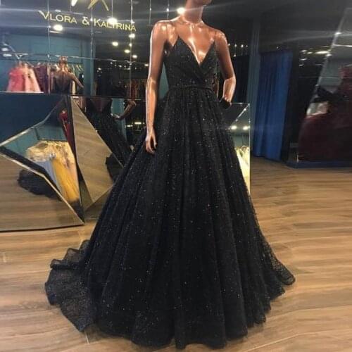 An077 Hot Sale Black Luxury Bling Bling Sequined Evening Gowns Simple spaghetti Strap Evening Dress Noble Robe De Soiree