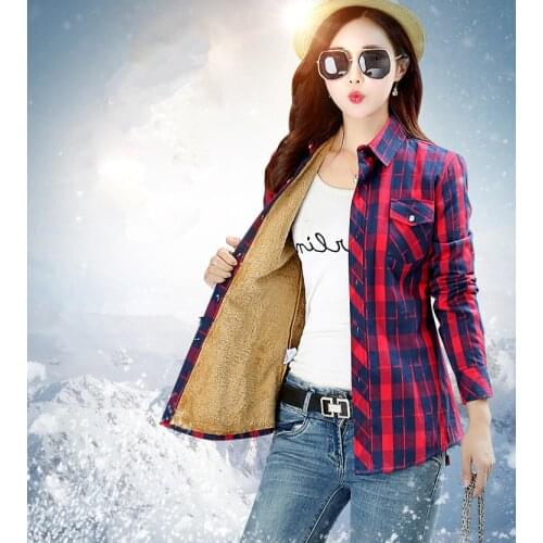 Winter Plaid Shirt Female Tops Blusa Camisa Femininas Warm Thicker Velvet Flannel Long-Sleeved Women Blouses Checked Shirts