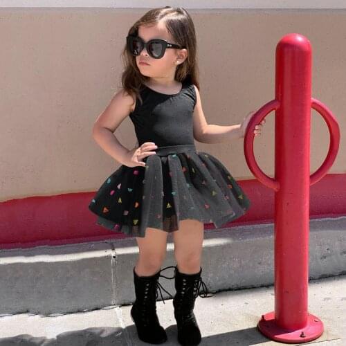 2021 Toddler Kids Baby Girls Summer Solid Tops+ Tutu Gauze Sequin Skirt Black Outfits Set Fashion Bimba Kids Clothes Girls
