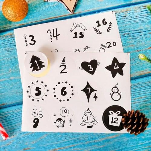 96pcs Merry Christmas Advent Calendar Number Sticker 1-24 Black White Xmas Decor Paper Sticker DIY Gift Packing Sealing Labels