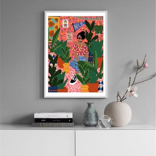 Abstract Canvas Painting Woman Fashion Sunglasses Art Green Plant Poster and Print Wall Art Picture Modern Girl Woman Room Decor