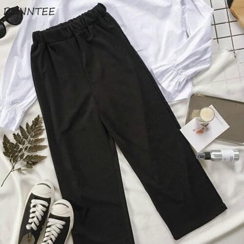 Pants Women Solid Loose Ankle-length Elastic Waist Pockets Wide Leg Black Womens Trousers Leisure All-match Simple Trendy Chic