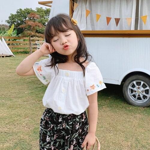 Childrens Clothing 2021 Summer New Toddler Girls Shirts Kids Korean Square Collar Embroidery Blouse for Girls Baby Casual Shirt