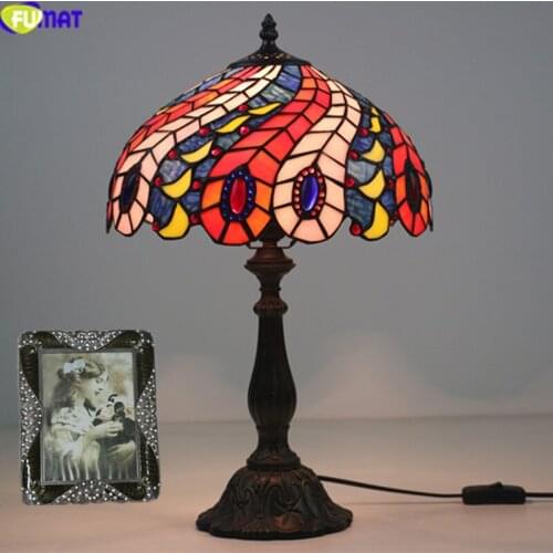 FUMAT Tiffanylamp Table Lamps Pteris Staiend Glass Lamp Shade For bedroom bedside Lamps LED Home Art Deco Marriage Desk Light