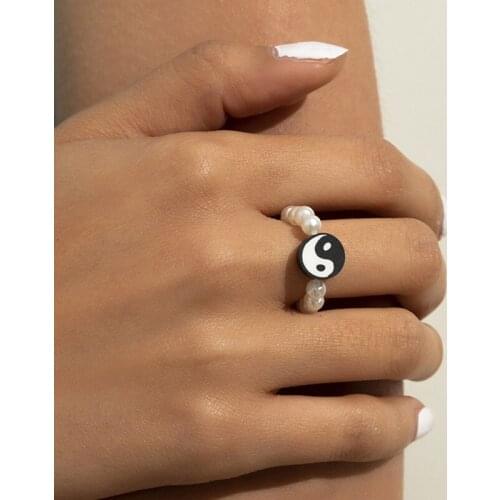 Trendy Simulated Pearls Beaded Rings for Women Girls Vintage Yin Yang Round Statement Stacking Rings Finger Jewelry Gifts