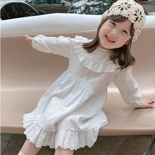 Girls Lace Stitching Dress Autumn New Style Childrens Long-Sleeved Round Neck Sweet White Princess Dresses WTA28