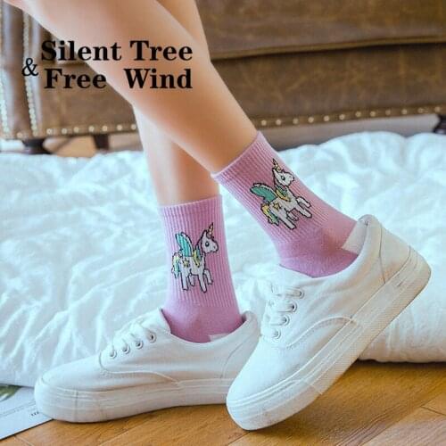 Korean Cute Women Unicorn Purple Socks Novelty Fashion Funny Female Animal Cartoon Casual Cotton Sock