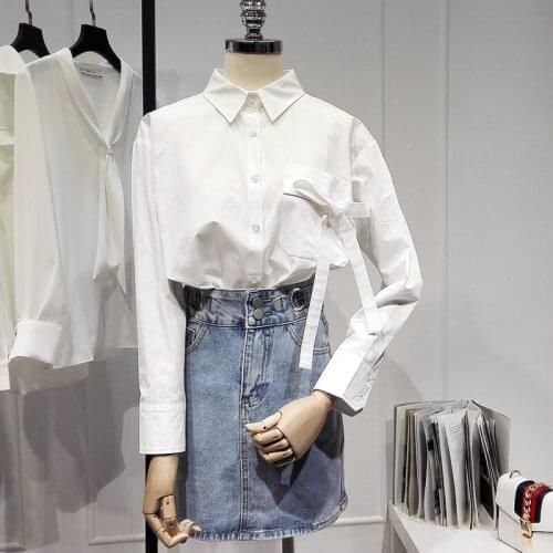 Fashion Design Bow Women White Shirts Summer New 2021 Turn-Down Collar Pocket Loose Casual All Match Female Outwear Tops