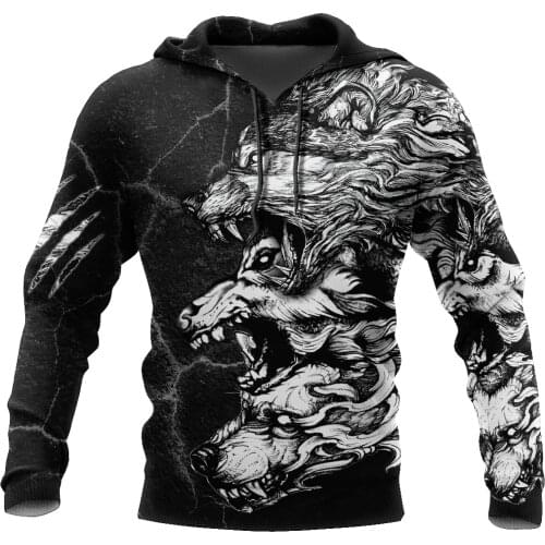 Mens Casual 3D Print Hoodies Double Gray Wolfs Tattoo Man Pullover Women Hood Sweatshirts Hip-Hop Jackets Unisex New Streetwear