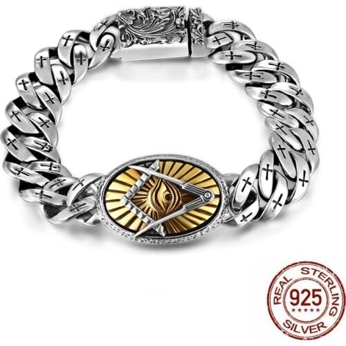 Men Bracelet 925 Sterling Silver Vintage Flower Cross Bracelets Punk Rock Gold Eye Of Horus Fashion Personality Jewelry Gifts