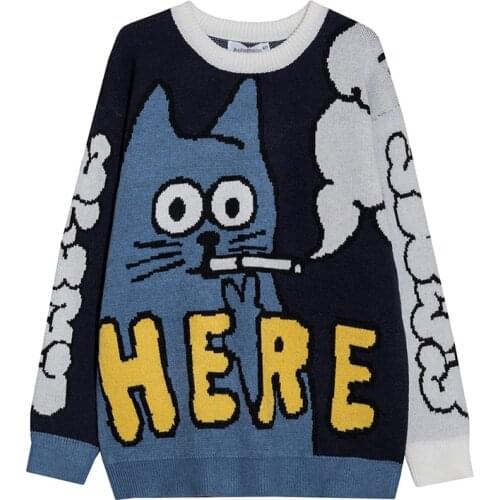 Aolamegs Men Sweater Cartoon Funny Cat Print O-Nec Pullover Sweaters Men Soft Slim Casual High Street Fashion Autumn Streetwear