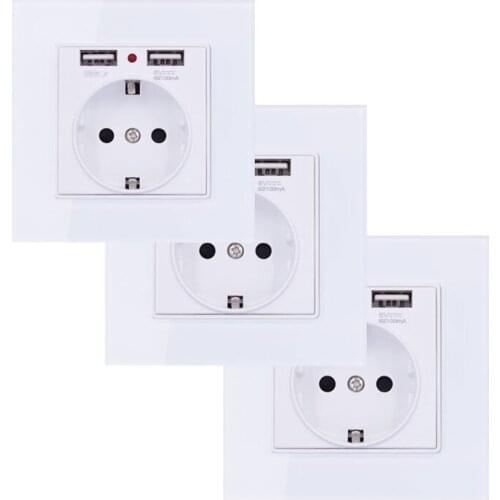 EU Standard Wall Electrical Power Socket with Dual Usb Ports Tempered Glass