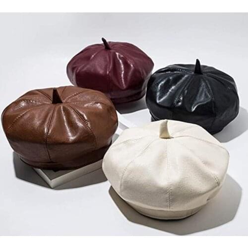 Autumn Winter PU leather Berets For Women Retro Vintage Ladies Octagonal Hat Caps Stewardess Black Coffee Berets Artist Hats