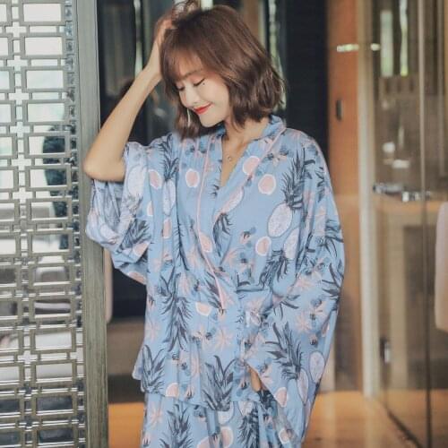 Autumn New Floral Pineapple Ladies Two-piece Home Viscose Suit Comfortable Cotton Silk Wide-sleeved Kimono Long-sleeved Pajamas