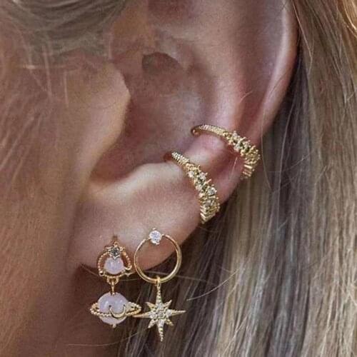 Fashion Punk Alloy Star Moon Crystal Ear Cuff Earrings For Women Without Piercing Cartilage Clip Ear Rings Jewelry Accessories