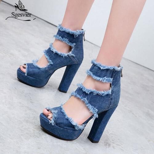 Sgesvier 2020New arrival Spring summer Shoes woman High square heel Zipper Denim Platform Hairy sandals Solid Black Blue G326