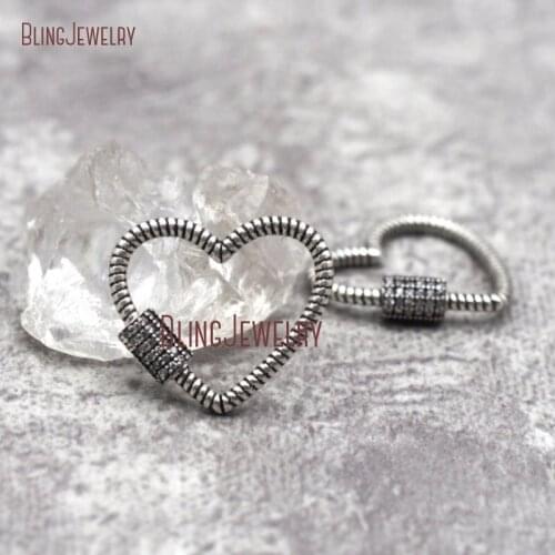 Antique Silver Heart Lock Screw Clasp Lock Carabiner Lock Jet CZ Paved Lock 21x24mm FC28828