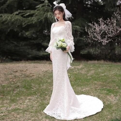 KAUNISSINA Plus Size Wedding Dress Mermaid Lace Wedding Gowns Square Collar Long Sleeve Elegant Court Train Long Bridal Dresses