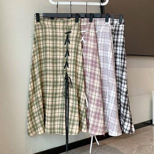Vintage Plaid Skirts Women Summer Autumn High Waist Lace up Long Skirt Plus Size Women A-Line Skirts Faldas Jupe Femme