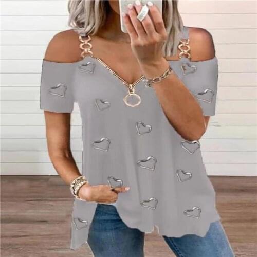 Sexy Low-cut Tee Women New Summer T-shirt Zipper Solid Color Top Casual Off-shoulder Short-sleeved T-shirts 2021 New Tops