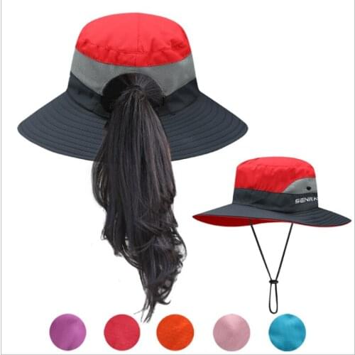 Splicing Ponytail Fisherman Hat Outdoor Sun Protection Women Collapsible Korean Version Basin Cap Wide Brim Sun Visor Hat