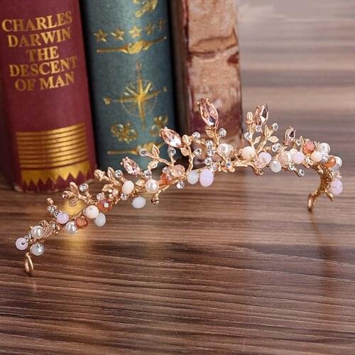 Women Pink Crystal Tiara Bride Gold Wedding Crown Baroque Romantic Rhinestone Tiara Hair Accessories Jewelry Hair Ornaments