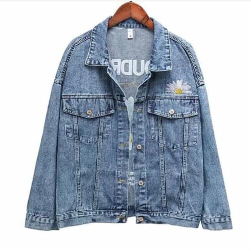 2021 Korean Version Vintage Outerwear Women/Girl Cotton Lapel Letter Little Daisy Embroidery Single-Breasted Loose Cowboy Jacket