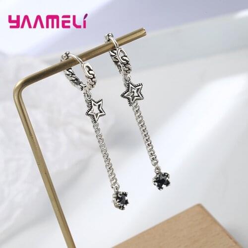 Ethnic Earrings Antique 925 Sterling Silver Black CZ Diamond Stars Shaped Long Chain Round Hoop Women Girl Men Pendientes