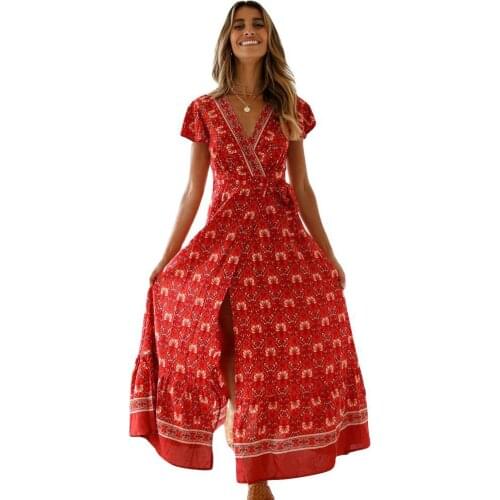 Women Sexy Holiday Long Dress 2021 New Lady High waist Boho Floral Print V-neck Long Maxi Dress Summer Beachwear Sundress