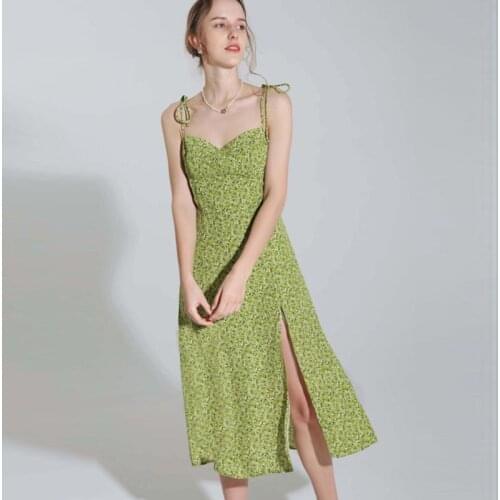 Green Floral Print Women Spaghetti Strap Dress Sexy Sleeveless Lace-up Split Midi Dress Summer High Waist Slim Holiday Dress