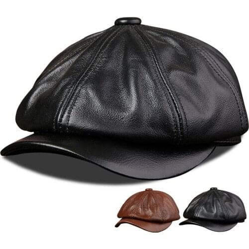 2021 First Layer Cowhide Men and Women Fashion Octagonal Hat Navy Beret Forward Hat Leather Hat Painter Hat Newsboy Hat