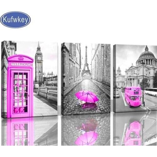 3 Piece Diamond Painting Pink Theme Bus and Umbrella City Cross Stitch Diamond Mosaic Picture Of Embroidery crystal Triptych art