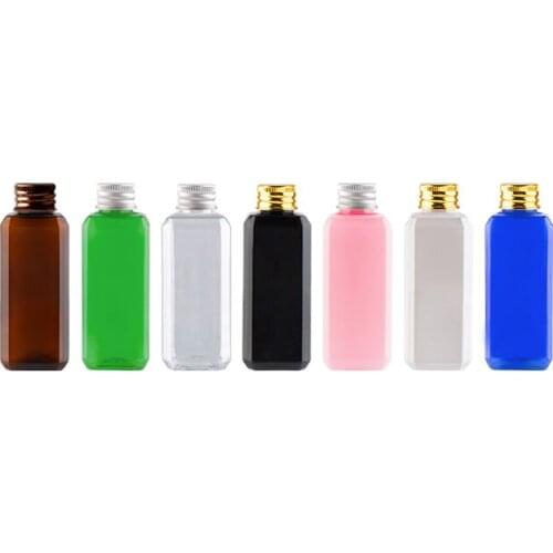 50ml Small Square Cosmetic Containers DIY SPA Massage Oil Bottle Plastic Metal Lid Cosmetics Packing Refillable Plastic Bottle