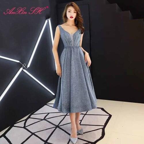 AXJFU princess grey lace evening dress party v neck sleeveless sparkly a line grey zipper long host evening dress