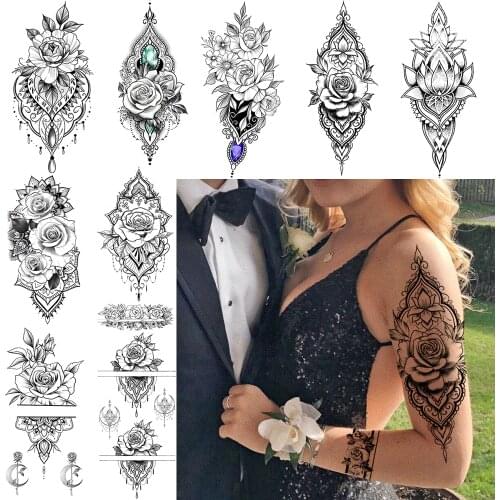 Black Lace Henna Temporary Tattoo Sticker For Women Fake Jewelry Bracelet Tattoos Water Transfer Rose Wristband Arm Hand Tatoos