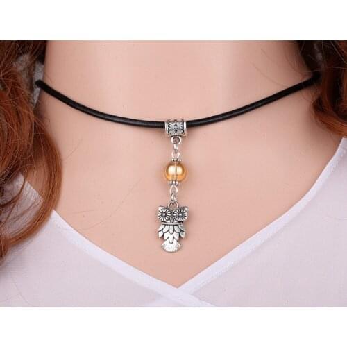 Beautiful Owl&Glass Bead Charms Vintage Silver Choker Collar Leather Necklace Pendant DIY Jewelry Women Clothing Brand HOT A117