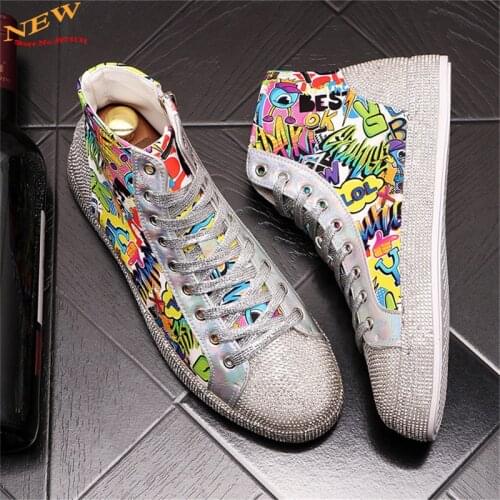 Green Silver Rhinestone Print Men Flat Shoes Hip-Hop Punk High Tops Sneakers Casual Board Shoes Zapatillas Hombre