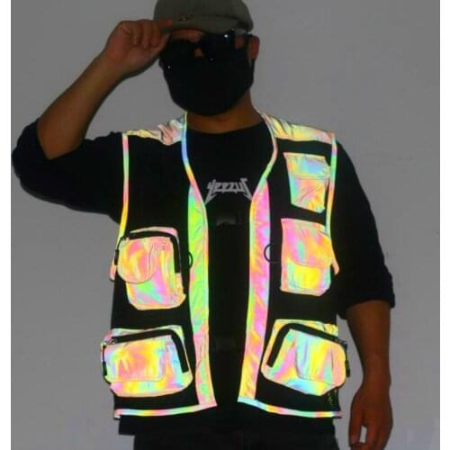 2020 men mesh sleeveless jacket multi-pocket casual vest colorful reflective fishing vest rainbow reflective fishing Cargo vest