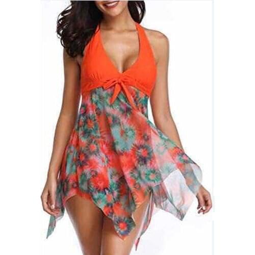 Plus Size Women Tankini V-Neck Swimsuit Women Summer Mesh Print Backless Two Pieces Halter Larger Beachwear Bathing Suit Skirt
