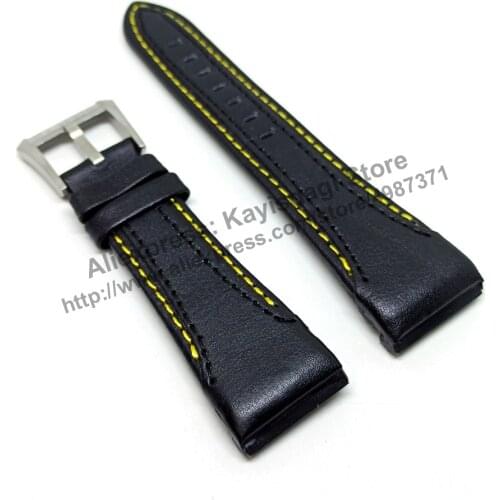 26mm Black Genuine Leather Yellow Stitched Watch Band Strap Compatible For Seiko Velatura 7T84-0AD0 - SPC049P1 SPC049P9