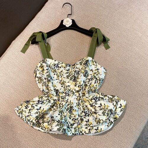 Plaid Printed Ruffled Spaghetti-Strap Camisole Top Women 2021 Summer New Korean Style Sweet Bow Shoulder Shirt Girls Ladies