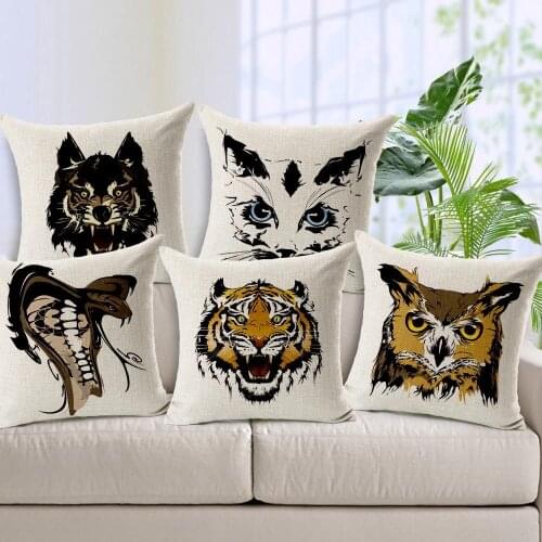 Tiger pillow cover, Sketch cartoon animal owl cat tiger Cobra wolf throw pillow case pillowcase wholesale