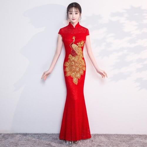 Red Embroidery Traditional Chinese Dress Women Elegant Slim Cheongsam Fashion Lace Bride Wedding Party Dresses Gown Vestidos