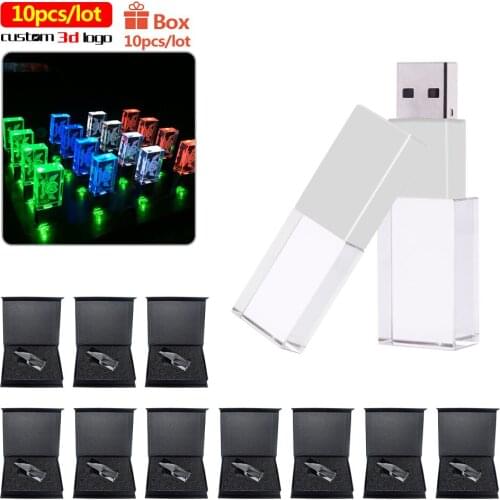 10pcs/lot LED Crystal Customize logo USB Flash drives Pen Drive Custom Logo USB 2.0 4GB 16GB 32GB 64GB Wedding Gift Pendrive