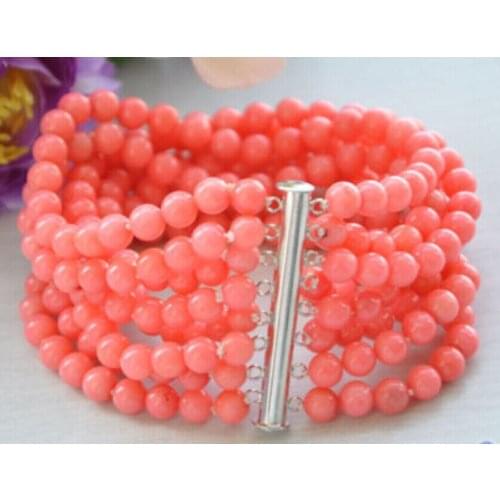 Real 8row 7.5" 6MM round pink coral bead bracelet magnet Free shipping