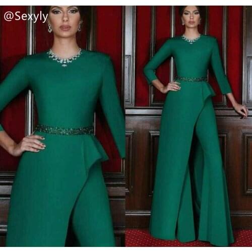VIntage Hunter Green Muslim Evening Dresses Elegant Satin Pant Prom Jumpsuit Dress With Sleeve Arabic Dubai Party Dress Robes
