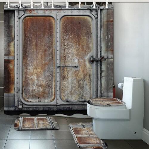 Industrial Decor Shower Curtain Set Vintage Railway Container Metal Door Printed Bath Curtains Toilet Cover Mat Non Slip Rug