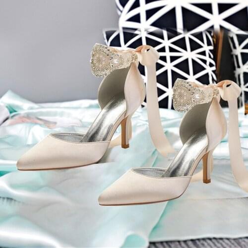 Womens Pointed Toe Lace Up Wedding Shoes Ribbon Tie Banquet PumpsSexy Evening Party shoes